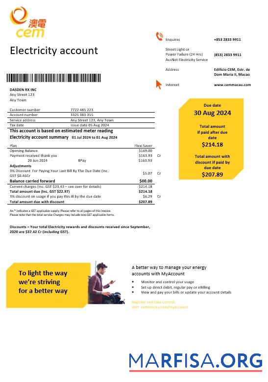 Blank Macau CEM electricity business utility bill Word and PDF template